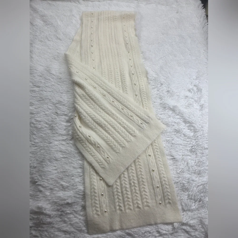 Talbots Ivory Cable Knit Scarf Pearl Beaded Soft Cozy Winter Wrap‎